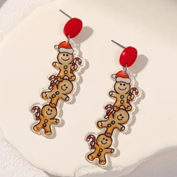 Gingerbread Candy Cane Santa Hat Acrylic Christmas Holiday Stud Earrings - Picture 3 of 3
